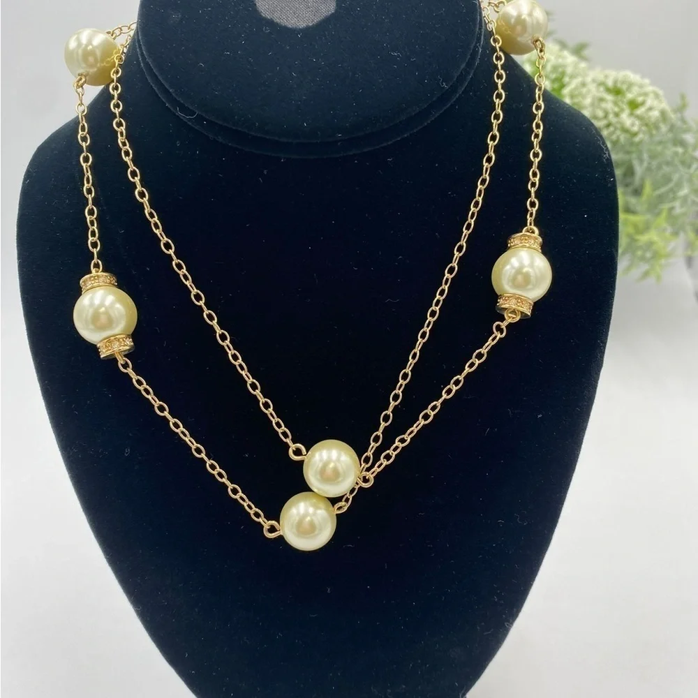 J. Crew Faux‎ Pearl and Rhinestone Necklace Long Strand Necklace Gold Tone
